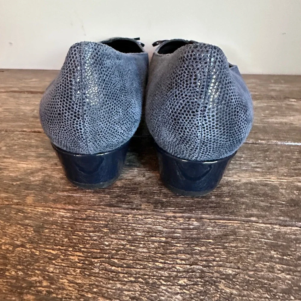 Ros Hommerson heels Blue Snake Print Leather Bow Cap Toe Block‎ Heel Shoes